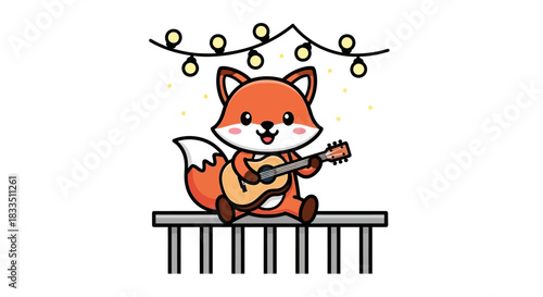 A charming cartoon fox serenades with a guitar under festive string lights illustration