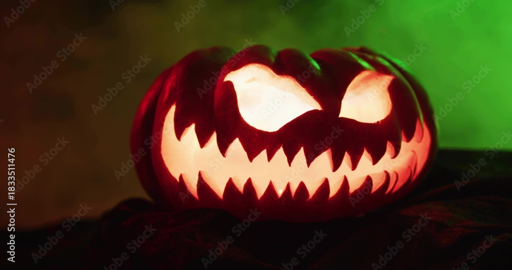Fototapeta premium Glowing carved pumpkin casting internal orange light on dark cloth base, with green backlight fog