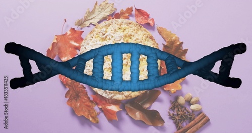 Displaying blue DNA helix overlaying rice cake on pastel purple surface, with spices and leaves