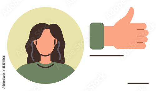 Female avatar with long dark hair beside a prominent thumbs-up hand gesture. Ideal for approval, feedback, user profile, social media, agreement, positivity, teamwork. Simple flat metaphor