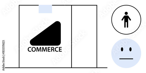 E-commerce, online shopping, branding, user interface, communication, feedback. A commerce-themed graphic with a triangle, human figure icon and neutral face symbol. E-commerce and branding concept