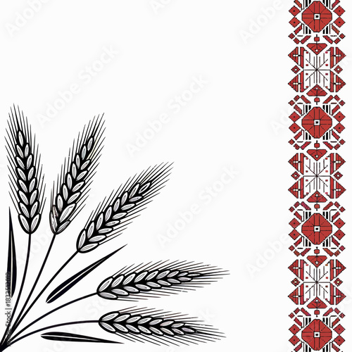 Ukrainian Embroidery Design with Wheat Stalks and Geometric Pattern Element Traditional Ornament Artwork