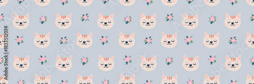 Cute cat pattern with spring flowers creates charming seamless vector design. Sweet vector illustration ideal for baby textiles, kids wallpaper, or trendy childish prints with cartoon kittens.