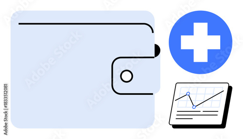 Wallet with medical cross indicating healthcare costs and a graph symbolizing financial tracking. Ideal for finance, health, budgeting, analytics, investments, insurance, healthcare systems