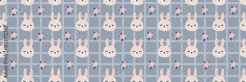 Cute seamless pattern with pastel bunny faces and pink flowers on a grey checkered background. Adorable hand drawn animal design for kids textiles, nursery decor, wrapping paper and baby products