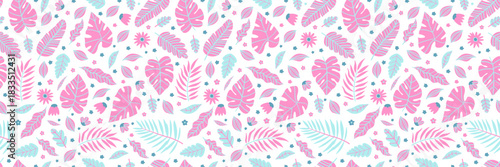 Tropical floral seamless pattern with exotic leaves and flowers. Seamless jungle design for fabric, wallpaper. Vibrant botanical illustration with palm foliage, perfect summer print. Vector background