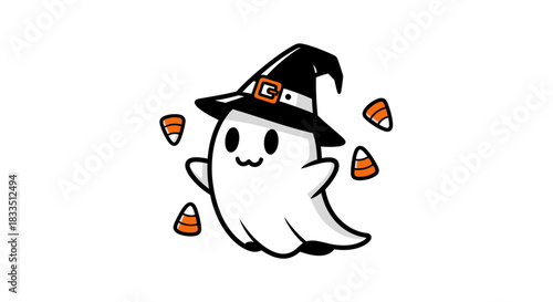 Adorable halloween ghost with a witch hat surrounded by candy corn illustration