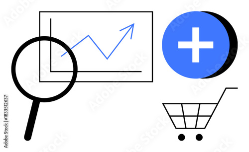 Data analytics. Data analytics ed with a growth graph, magnifying glass, add icon, and shopping cart symbol. Data analytics aids business growth and customer insights. Ideal for commerce, finance