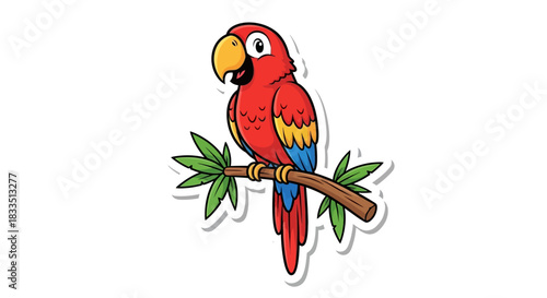 Vibrant cartoon parrot perched gracefully on a branch with tropical foliage illustration
