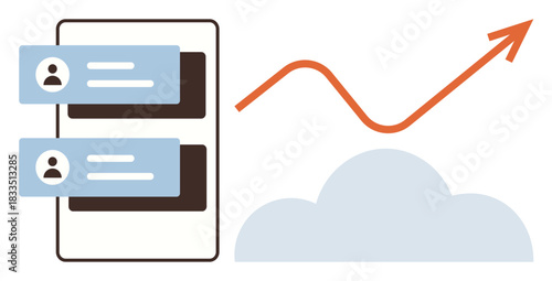 Messaging app interface beside a red growth arrow emerging from a cloud. Ideal for communication, business growth, cloud computing, teamwork, data sharing, goal achievement, simple flat metaphor