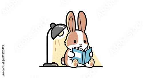 Cute bunny reading a book under a desk lamp illustration for children education material