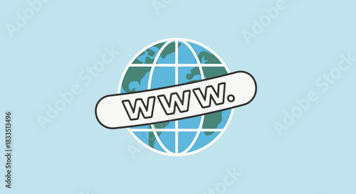 Vector illustration of a flat design WWW icon over a globe. Minimalist concept for global network, internet, and online communication