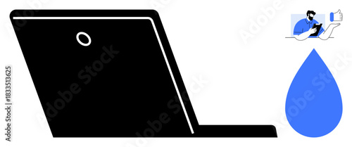 Remote work, digital meetings, communication tools, online services, technology use, visual media. Black laptop with blue droplet and person interacting with content. Remote work and digital meetings