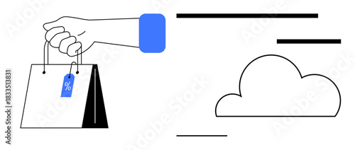 E-commerce, retail, cloud storage, shopping, discount sales, digital marketing. Hand holding a shopping bag with a discount tag and cloud icon. E-commerce and retail innovation concept