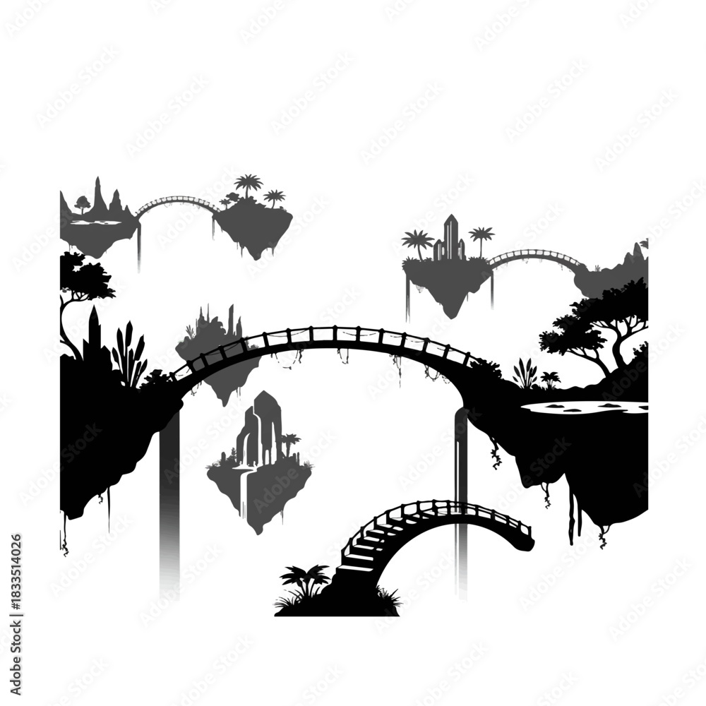 Obraz premium Fantasy Floating Islands and Bridges Silhouette.