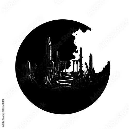 Dark ruined city silhouette inside circle.