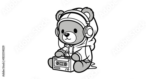 Illustration of a cool bear wearing a hoodie and headphones listening to music with a cassette