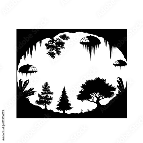 Mysterious Cave Silhouette with Forest View and SciFi Pods.