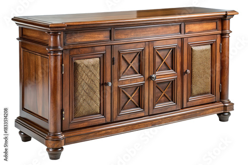 Antique ornate wooden sideboard with carved details and decorative metal inlays isolated on transparent background
