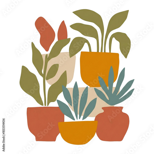Modern Abstract Botanical Illustration of Potted Houseplants. Earthy Tones and Minimalist Design for Contemporary Home Decor, Digital Art, and Stylish Print Projects