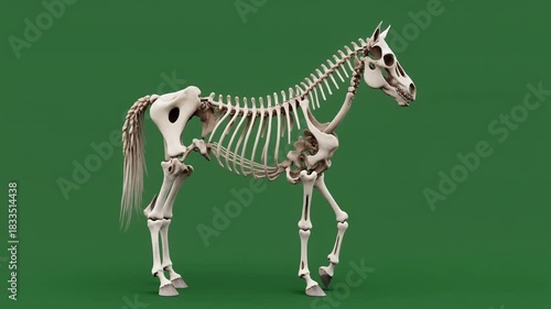 Anatomical model of a complete horse skeleton standing in profile against a solid green background.