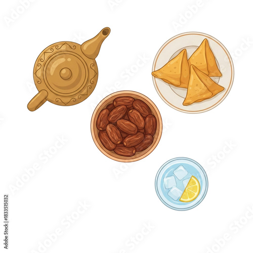 Traditional Middle Eastern refreshments including dates, samosas, and a hot beverage in a teapot with a glass of ice water