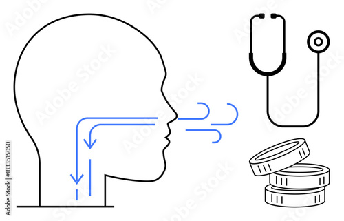 Healthcare, respiratory health, medical expenses, diagnostics, treatment cost, prevention awareness. Silhouette of a head with airflow, stethoscope and stack of coins. Respiratory health and medical