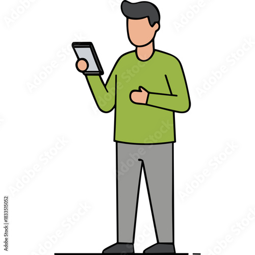 Man Standing Wearing A Light Green Long Sleeve Shirt And Grey Pants Holding A Tablet Device In Front Of A Black Background