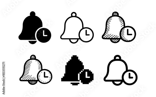Diverse notification bell icons with alarms in sketch and pixel art styles