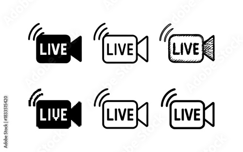 Live streaming icons set in various styles: pixel, outline, and hand-drawn