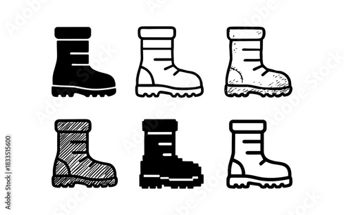 Set of boots in various styles: silhouette, outline, scribble, pixel art, textured