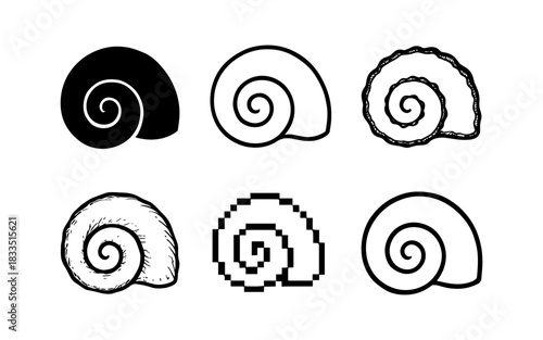Diverse nautilus shells in minimalist line and pixel art styles