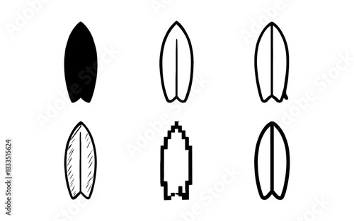 Minimalist surfboard icon set in various artistic styles