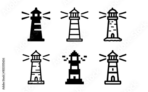 Minimalist nautical lighthouse icons set in black and white
