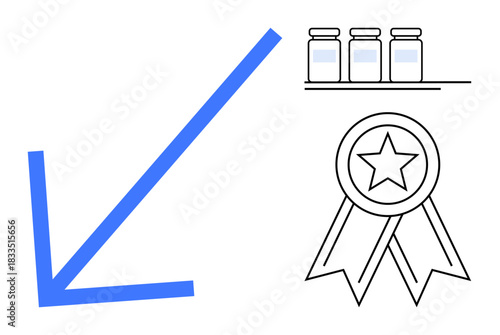 Economics, healthcare, pharmaceutical industry, quality certification, cost analysis, success indicators. Blue arrow pointing down, reward ribbon and vials. Economic trends and healthcare industry