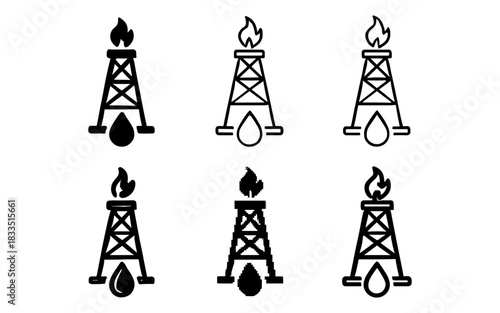 Oil rig icons in different styles: line, pixel, silhouette variations