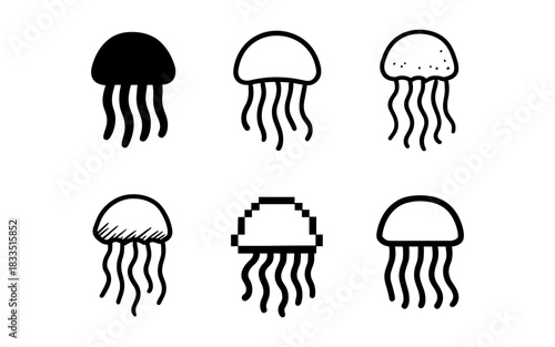 Diverse jellyfish designs in minimalist and pixel styles