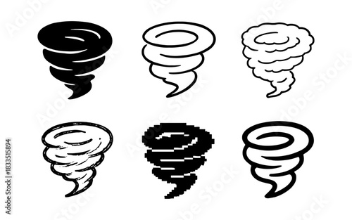 Variety of tornado designs: modern flat, pixel, silhouette, and hand-drawn styles