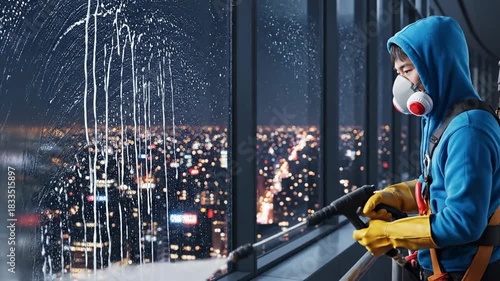 Wallpaper Mural High-rise window cleaner power washing building exterior with city lights at night. Torontodigital.ca