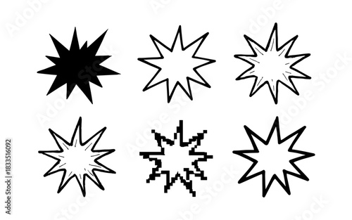 Dynamic starburst set in mixed styles: silhouette, outline, pixel art