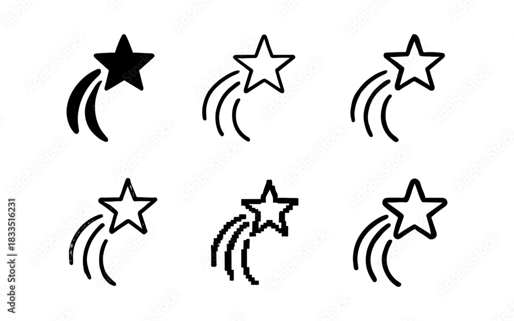 Fototapeta premium Shooting star icons in various styles: silhouette, linear, pixel, and outline