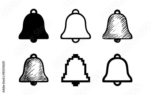 Diverse bell icons: sketch, silhouette, pixel variations