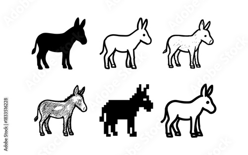 Diverse donkey silhouettes and drawings in various art styles