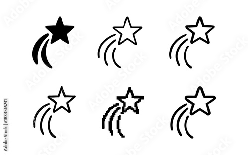 Shooting star icons in various styles: silhouette, linear, pixel, and outline