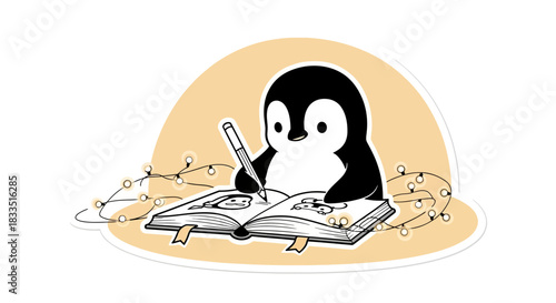 Charming penguin illustration sketching in a notebook with soft lighting for warmth cute scene