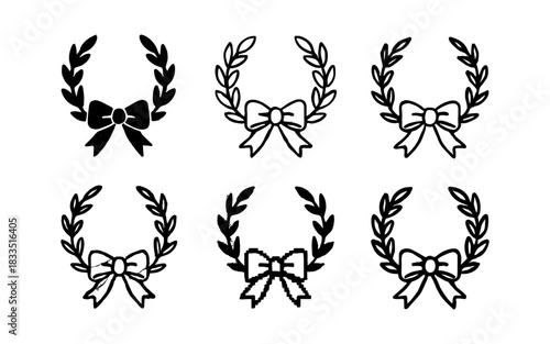 Elegant laurel wreaths with bows in various icon styles