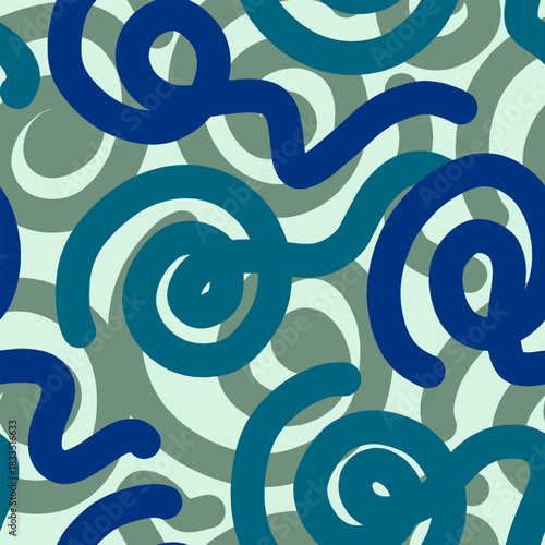 Fun colorful line doodle seamless pattern for kids birthday party or celebration background, trendy design with scribble shapes on black backdrop