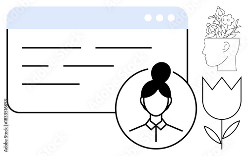 Profile picture alongside minimalist browser window, head filled with creative blooming flowers, and tulip. Ideal for design, creativity, productivity, innovation, personal growth, mindfulness