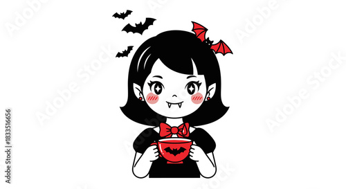 Cute cartoon vampire girl holding a cup and bats flying around for Halloween celebration