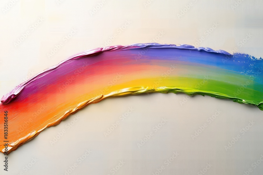 Fototapeta premium AI-generated thickly painted rainbow arc in a variety of blended colors on a white wall.. The colors are all smeared together and not in clean vertical stripes.